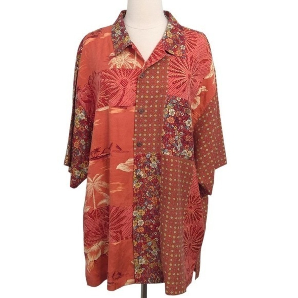 Tommy Bahama Silk Orange Hawaiian Floral Button Down Short Sleeve Shirt- XL